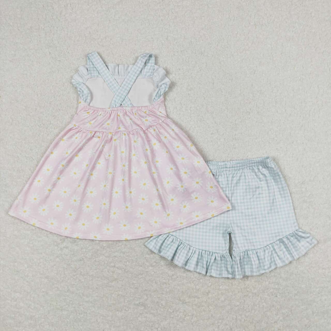 GSSO0724 Flower Plaid Ruffle Sleeveless Shorts Girls Sets RTS 202508