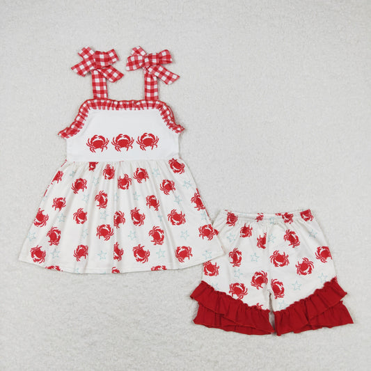 GSSO0728 Crab Stars red and white checkered lace beige halter shorts set girls clothing sets baby girls