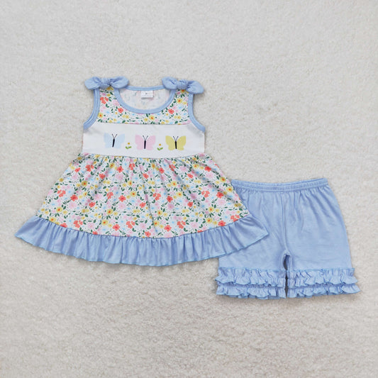 GSSO0732 Flower Butterfly Ruffle Blue Halter Shorts Girls  Set RTS 202508