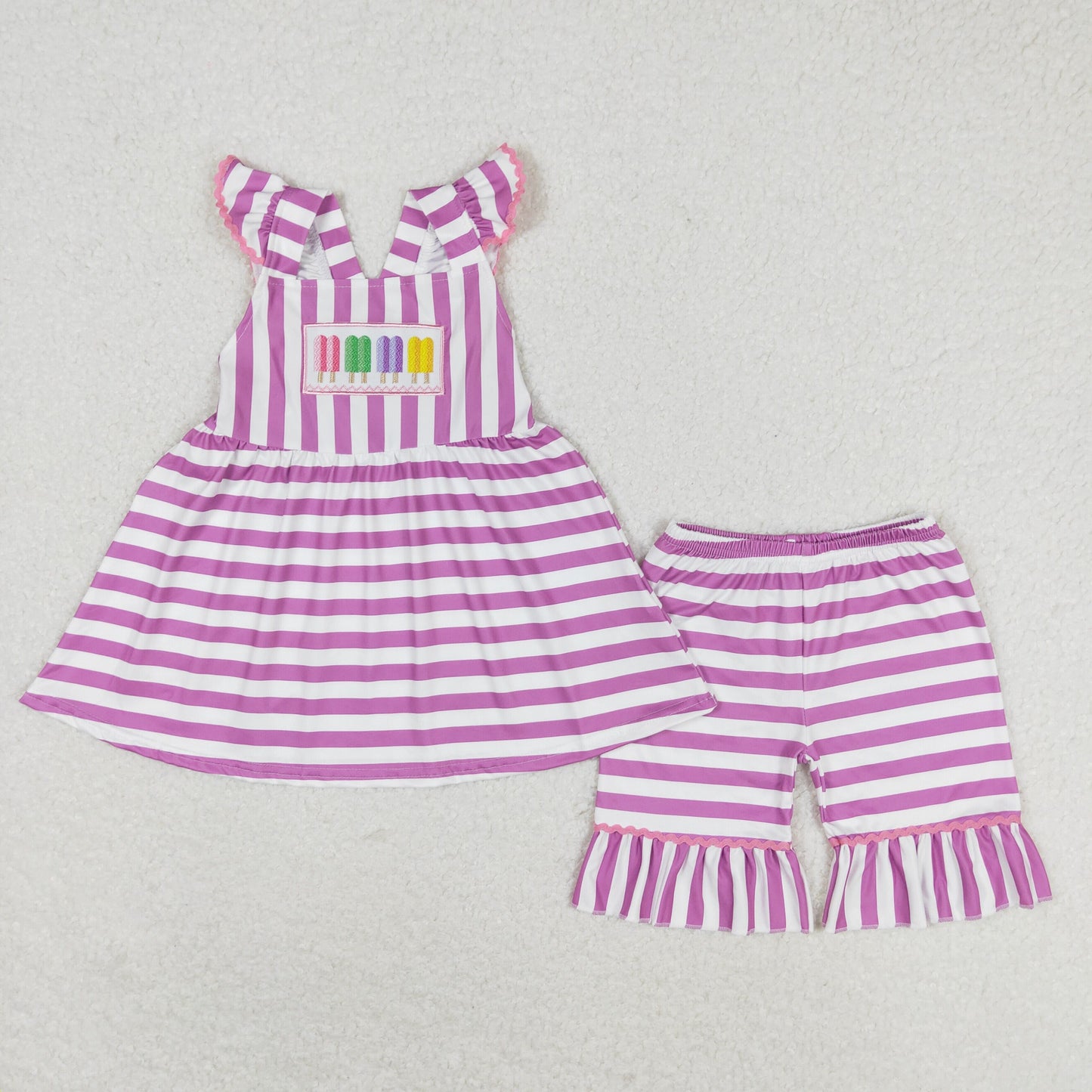 GSSO0734 Color ice cream purple white striped flying sleeve shorts set high quality wholesale newborn girls clothing sets