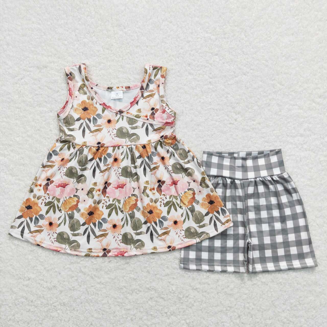 GSSO0741  Beige Flower Sleeveless top grey plaid shorts Girls boutique summer outfit 202501