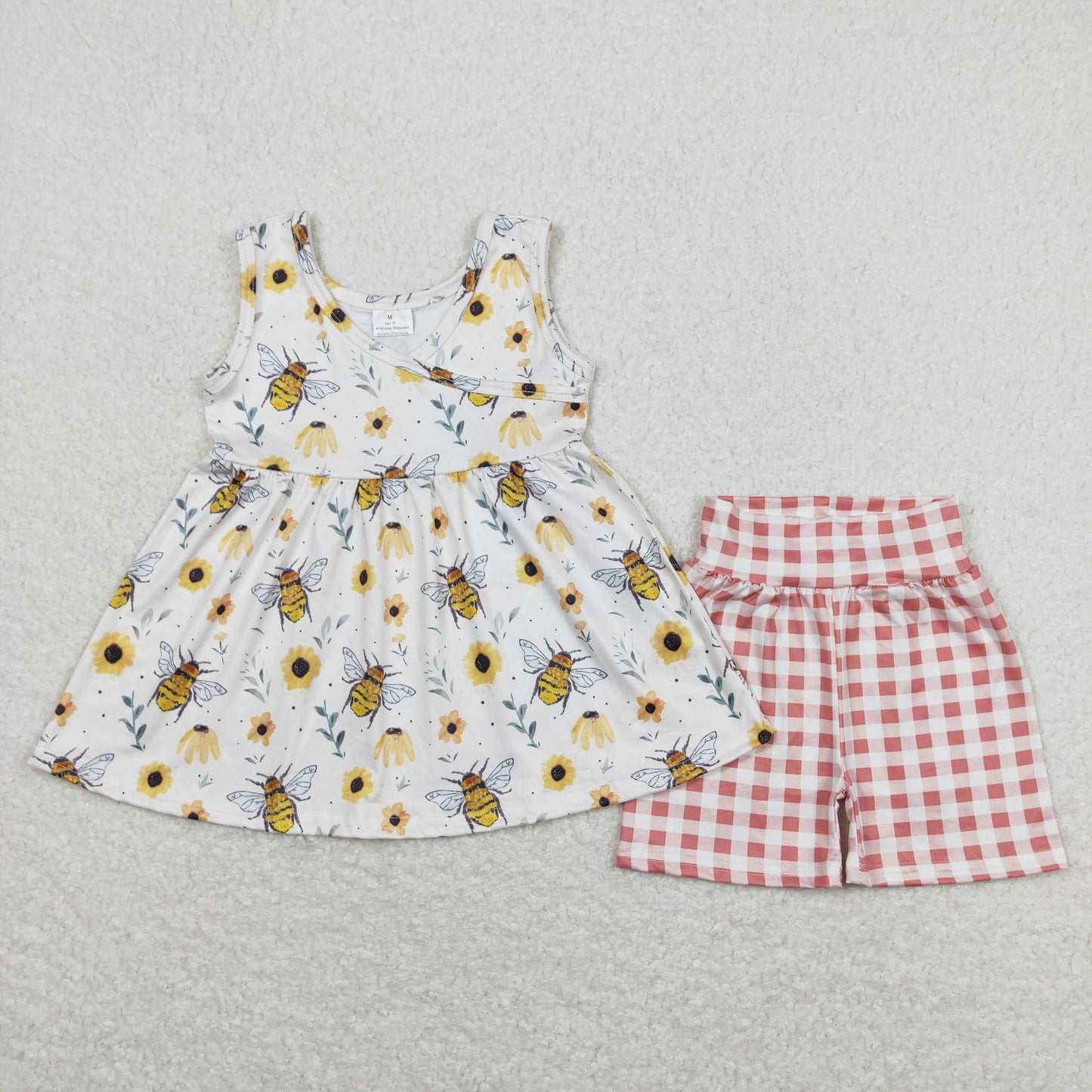 GSSO0743 Flower Bee Beige Sleeveless Red and White Plaid Shorts Girls Sets RTS 202508