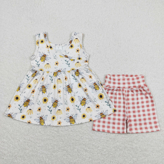 GSSO0743 Flower Bee Beige Sleeveless Red and White Plaid Shorts Girls Sets RTS 202508