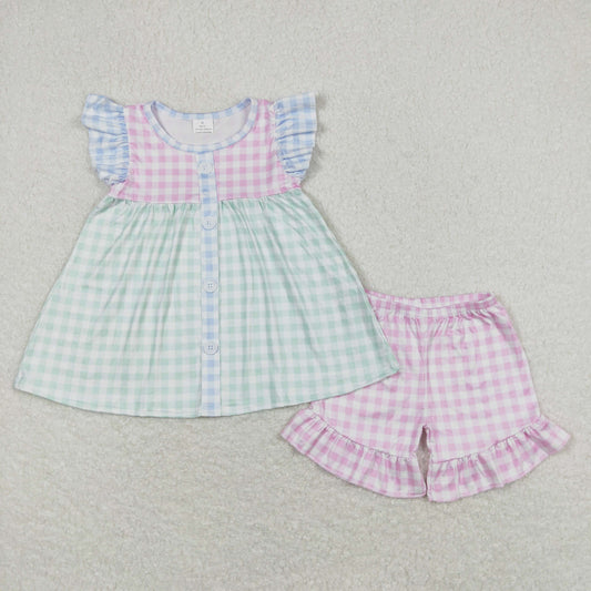 GSSO0744 Colored Plaid Flying Sleeve Pink Shorts Girls Sets RTS 202508