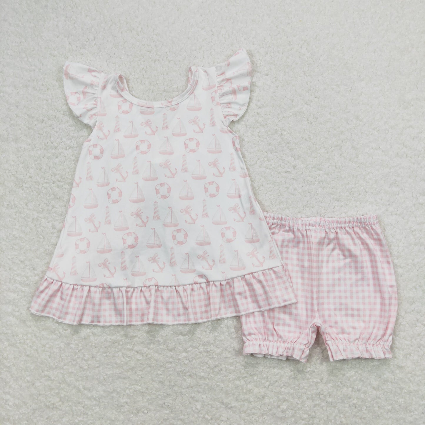 GSSO0748 Swimming Ring Sailboat Pink White Plaid Bows Flying Sleeve Backless Top Shorts Girls Sets RTS 202508