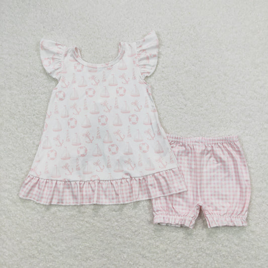 GSSO0748 Swimming Ring Sailboat Pink White Plaid Bows Flying Sleeve Backless Top Shorts Girls Sets RTS 202508
