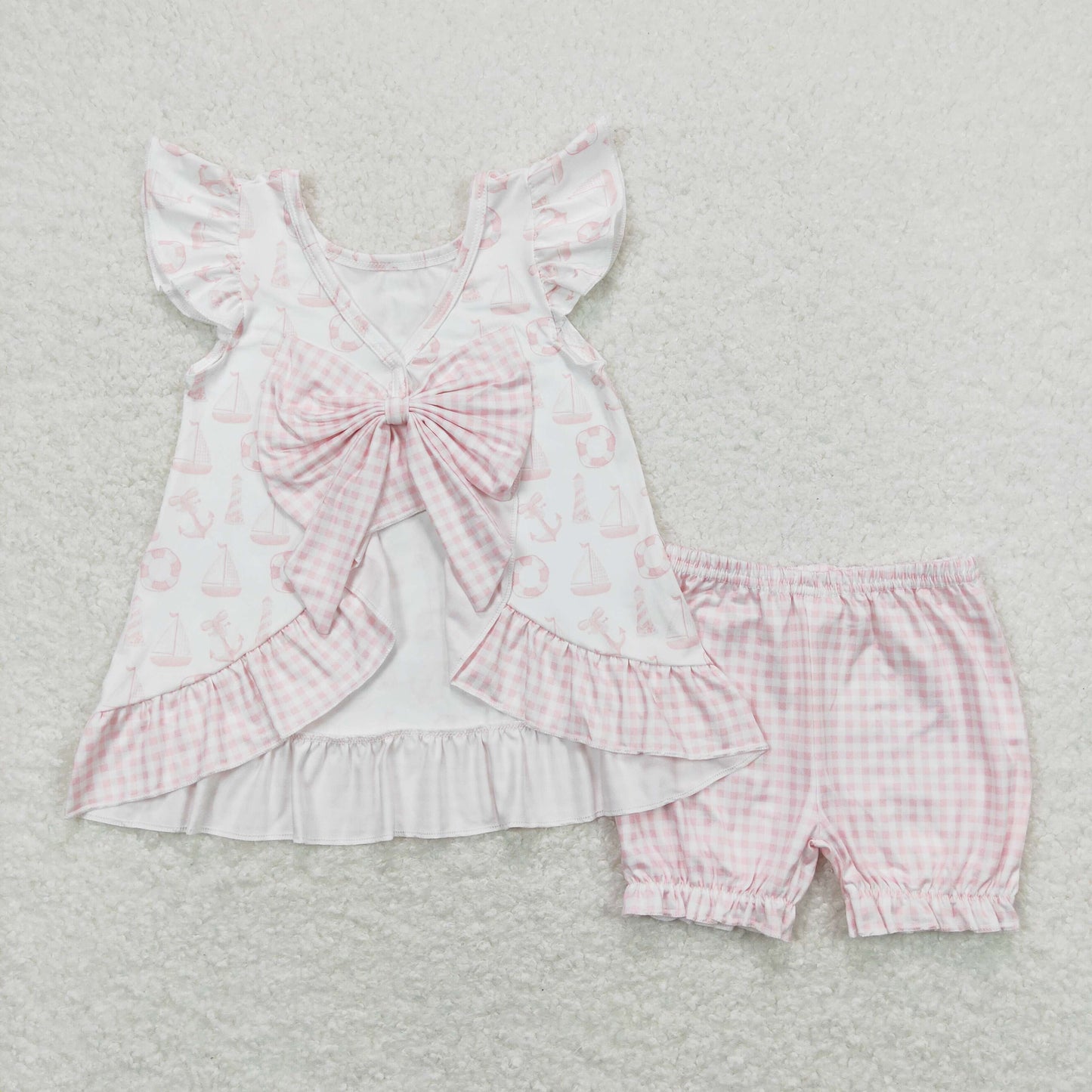 GSSO0748 Swimming Ring Sailboat Pink White Plaid Bows Flying Sleeve Backless Top Shorts Girls Sets RTS 202508