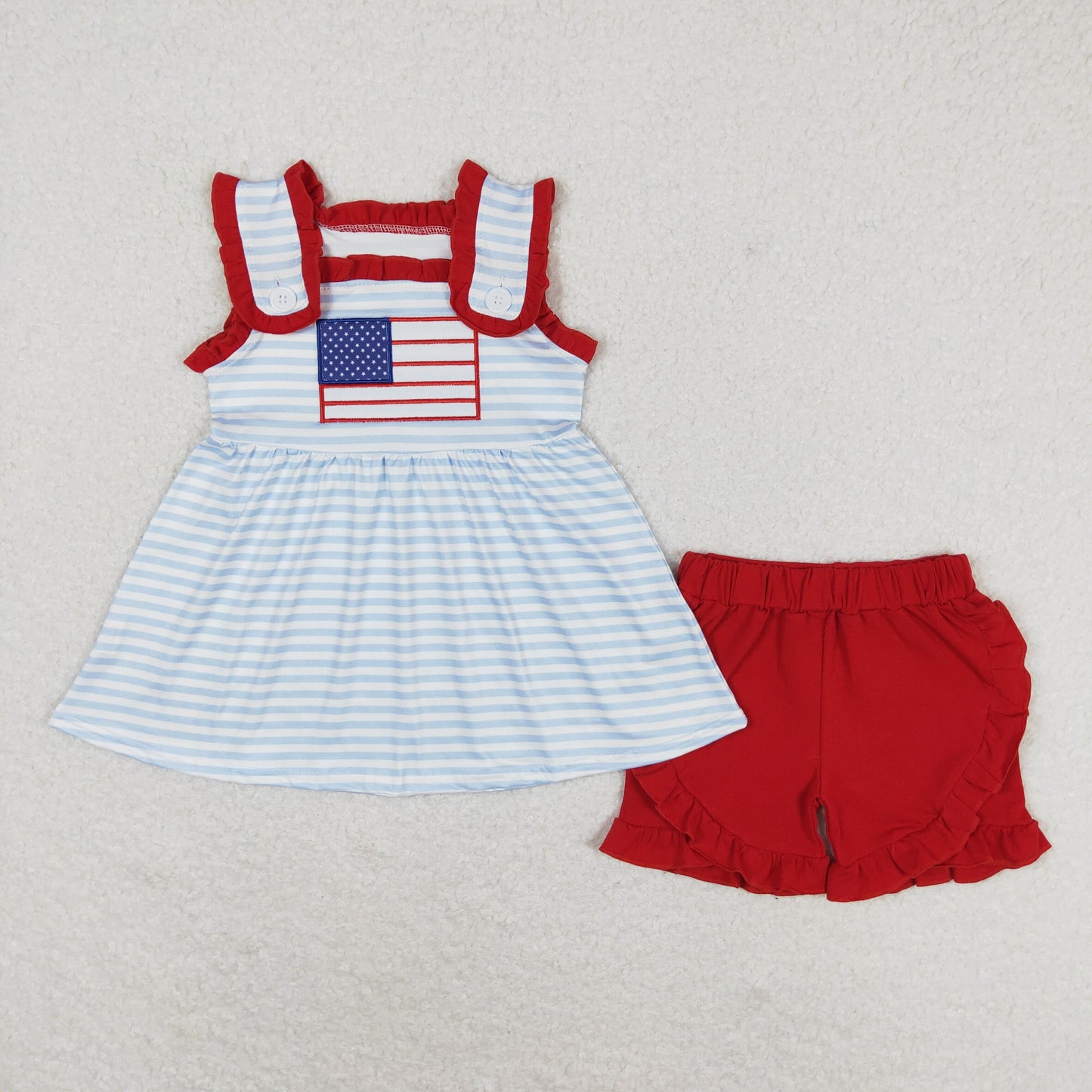 GSSO0755 Embroidered flag Blue striped sleeveless red lace shorts set high quality new bron baby girl clothing sets
