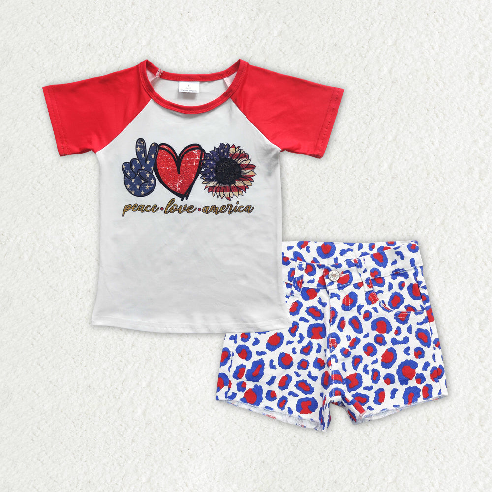 GSSO0756 4th of July red white love heart short-sleeved red blue leopard denim shorts girls sets RTS 202507
