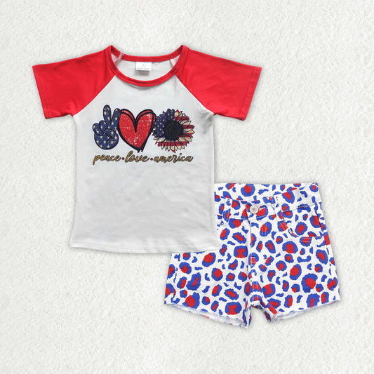 GSSO0756 4th of July red white love heart short-sleeved red blue leopard denim shorts girls sets RTS 202507