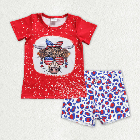 GSSO0757 4th of July cow pattern red short-sleeved red blue leopard denim shorts girls sets RTS 202507