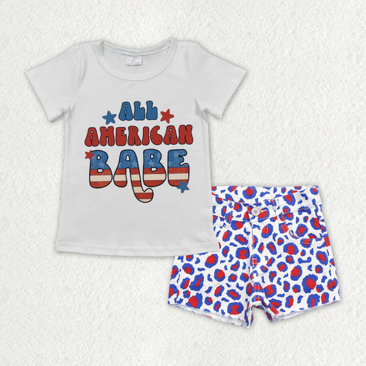 GSSO0757 4th of July American Babe white short-sleeved red blue leopard denim shorts girls sets RTS 202507
