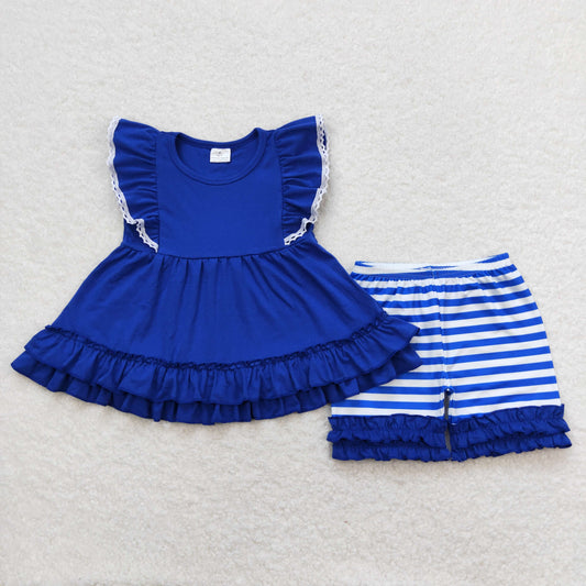 GSSO0762 Navy Blue Double Ruffled sleeveless top shorts Girls clothing sets summer outfit RTS 202501