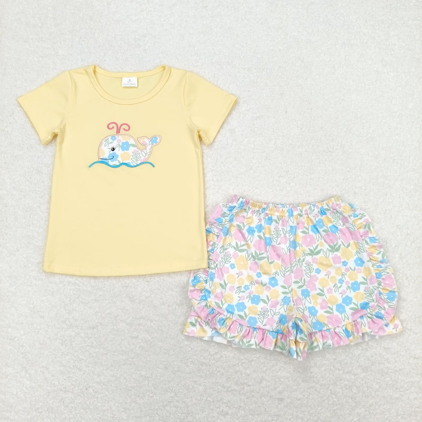 GSSO0765 Embroidered flowers Whale yellow short sleeve shorts set high quality girls clothing sets