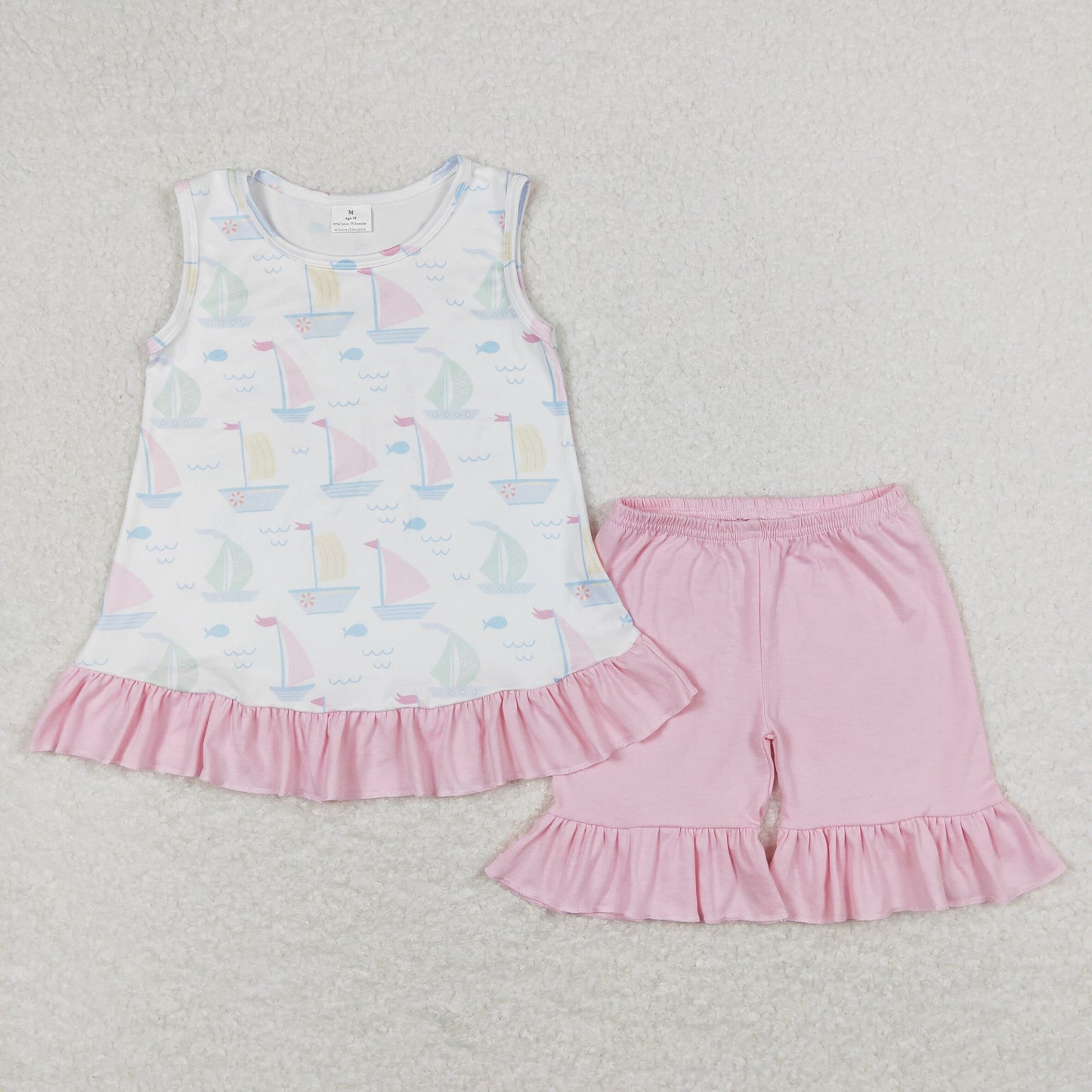 GSSO0766 Sailboat White Sleeveless Pink Ruffle Shorts Girls Sets RTS 202508 Sibling