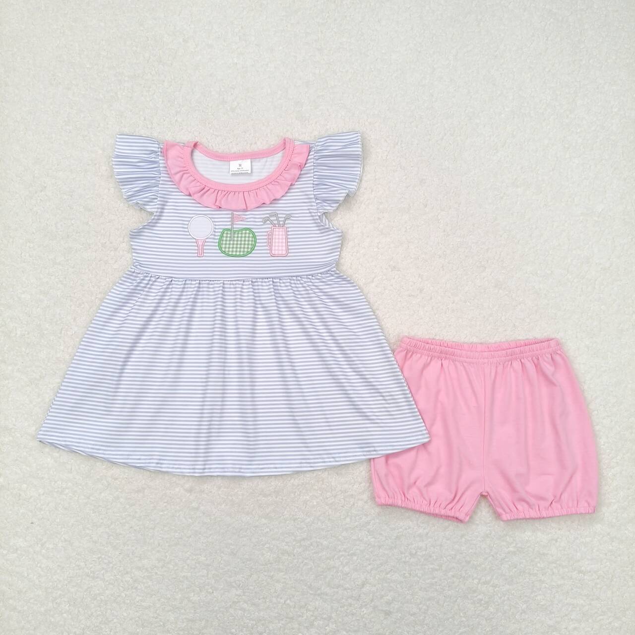 GSSO0767 Embroidered blue and white striped lace top pink cotton shorts high quality summer girls clothing sets