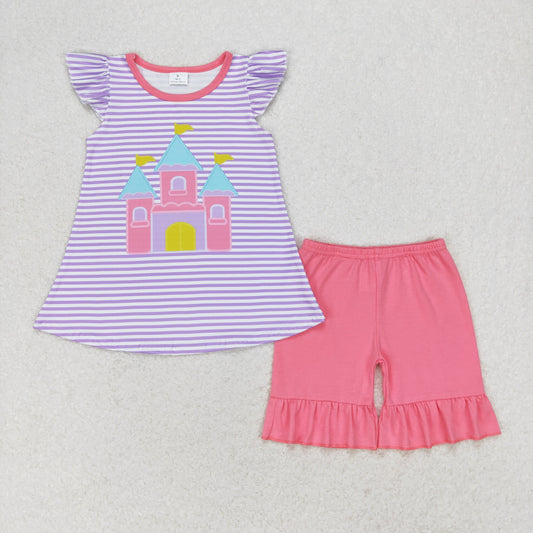 GSSO0775 Castle Purple striped flying sleeve pink shorts set High quality girls clothing sets summer