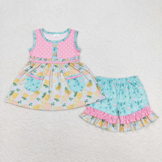 GSSO0783 pineapple lemon dots ruffle sleeveless shorts girls clothing sets 20240409 RTS