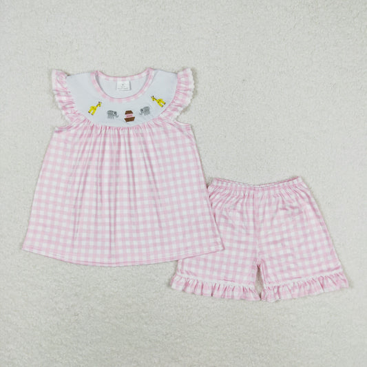 GSSO0795 Embroidered giraffe elephant pink-white plaid flying sleeve shorts set high quality little girls summer clothing sets