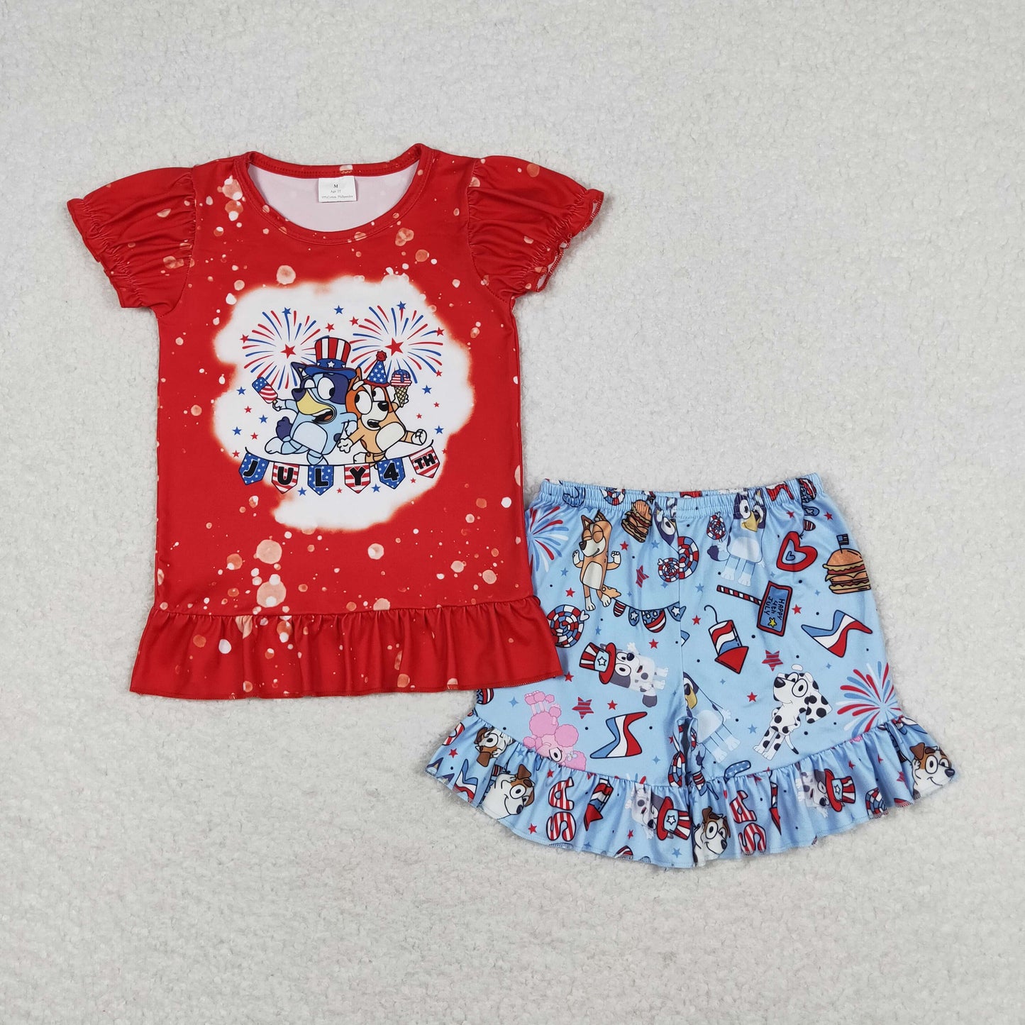 GSSO0804 bluey fireworks red lace short sleeve blue shorts set High quality