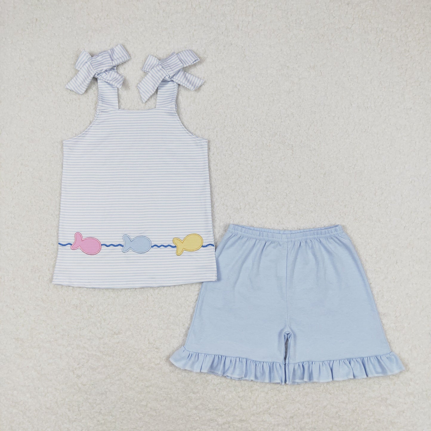 GSSO0809 Embroidered small fish striped ribbon blue shorts set high quality summer teen girl clothing set