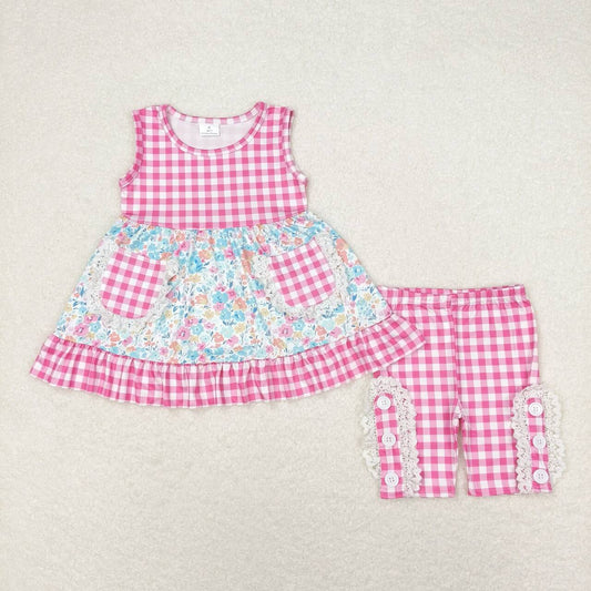 GSSO0813 Floral rose red plaid pocket sleeveless shorts set high quality wholesale teen girls clothing sets
