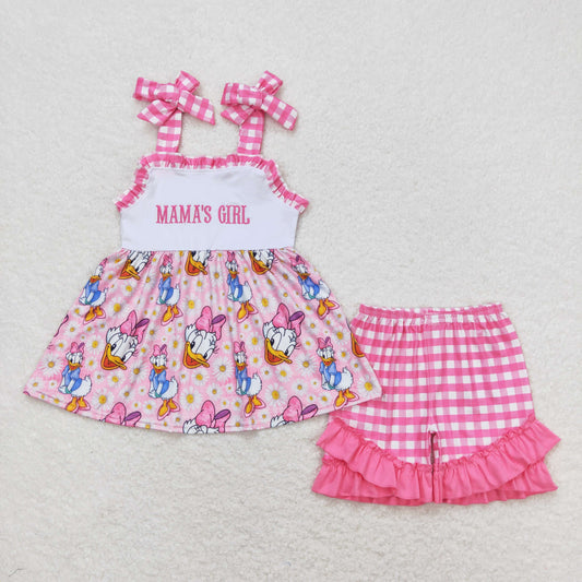 GSSO0820 Mama's Girl Embroidered Flower Donald Duck Rose Red Plaid Ruffle Halter Shorts Girls  Set RTS 202508