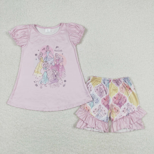 GSSO0821 Cartoon Disney Princess Pink Short Sleeve Shorts Girls Set RTS 202508