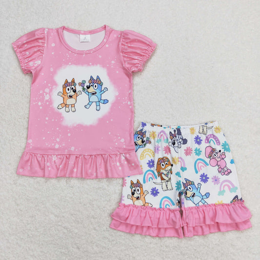 GSSO0823 Cartoon Bluey Pink Ruffle Short Sleeve Shorts Girls Set RTS 202508