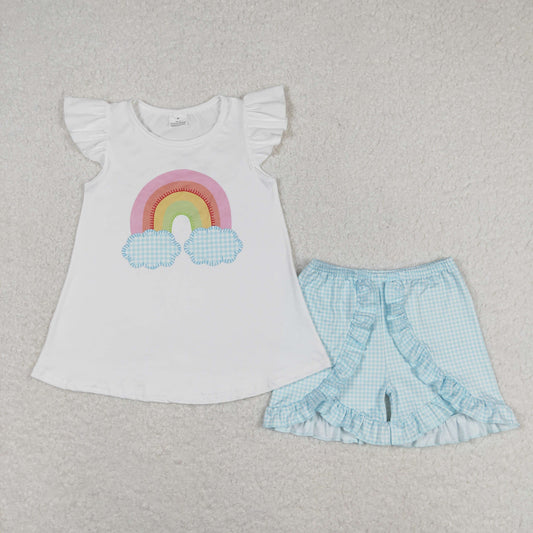 GSSO0827 Rainbow white flying sleeve blue plaid shorts set high quality wholesale baby girls clothing sets