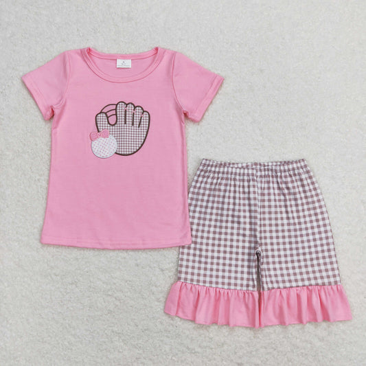 GSSO0828 Embroidered Baseball Gloves Pink Short Sleeve Ruffle Plaid Shorts Girls Set RTS 202508