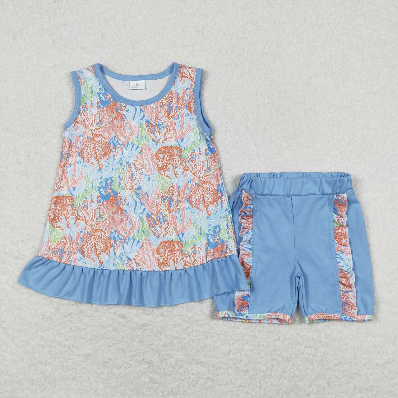 GSSO0831  Seaweed Blue Ruffle Sleeveless Top Shorts Sets Girls Boutique Summer clothes 202404 RTS