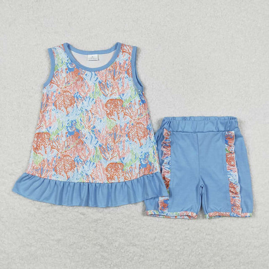 GSSO0831  Seaweed Blue Ruffle Sleeveless Top Shorts Sets Girls Boutique Summer clothes 202404 RTS
