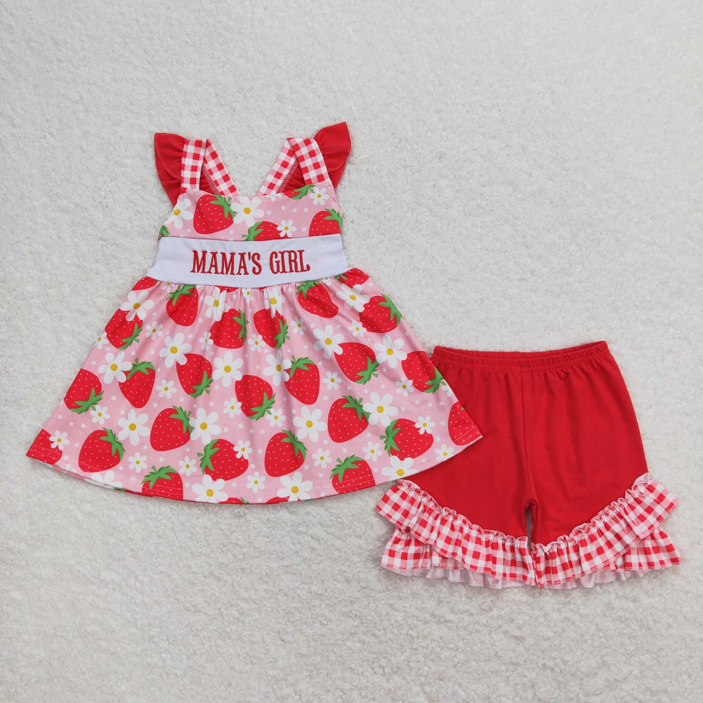 GSSO0835 Embroidered Mama's Girl Red Flower Strawberry Ruffle Fly Sleeve Shorts Sets Girls Boutique Outfit 202404 RTS