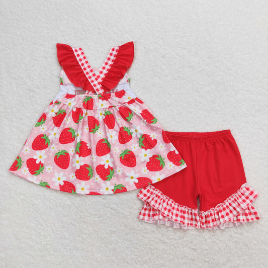 GSSO0835 Embroidered Mama's Girl Red Flower Strawberry Ruffle Fly Sleeve Shorts Sets Girls Boutique Outfit 202404 RTS
