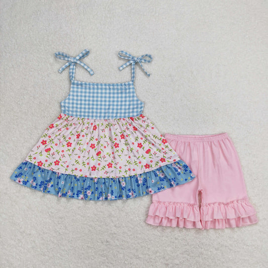 GSSO0836 Floral Plaid Pink Blue Ruffle Halter Shorts Girls Set RTS 202508