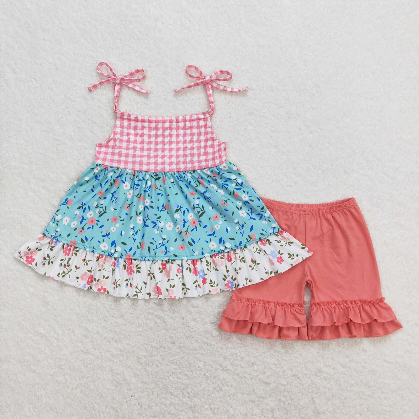 GSSO0837 Floral Plaid Pink Halter Orange Ruffle Shorts Girls Set RTS 202509