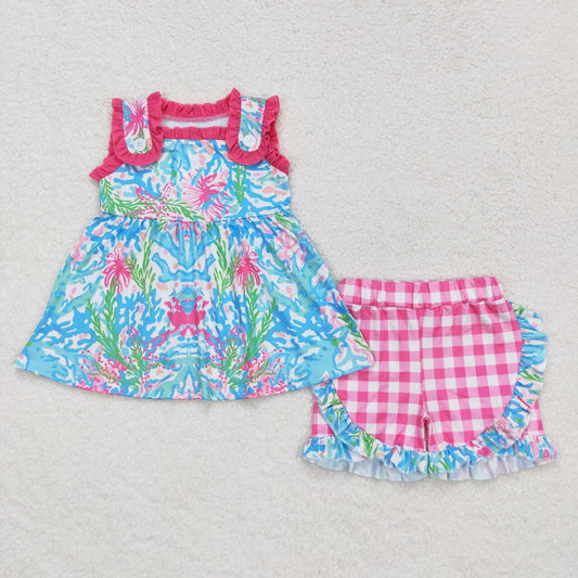 GSSO0845 Rose Red Ruffle Sleeveless Ruffle Plaid Shorts Girls Set RTS 202508