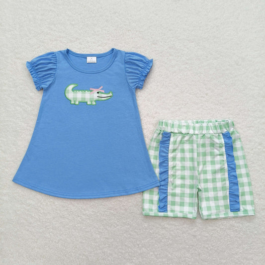 GSSO0850 Embroidered Crocodile Bows Blue Short Sleeve Ruffle Shorts Girls Sets RTS 202508