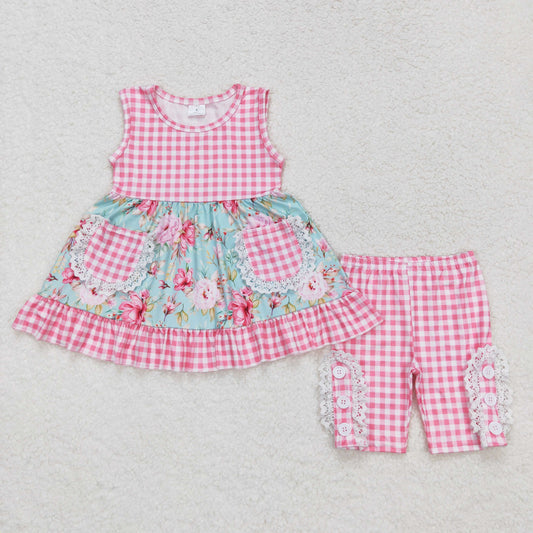 GSSO0851 Hot Pink Plaid Flower Pocket sleeveless top shorts boutique girls clothing sets summer outfit RTS 202501