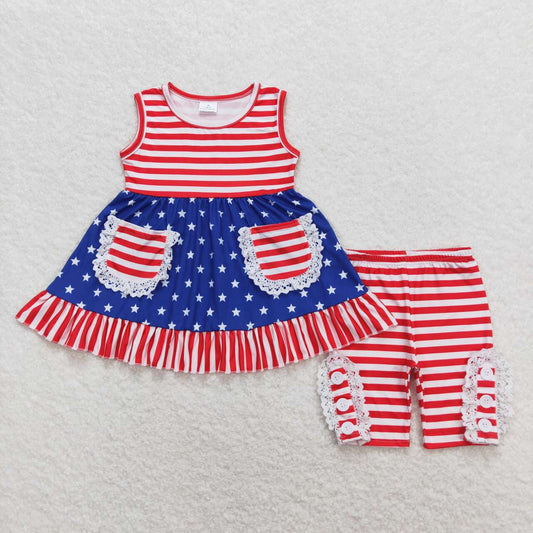 GSSO0855 4th of July Stripe Star Lace Ruffle Pocket Sleeveless Shorts Girls Set RTS 202509