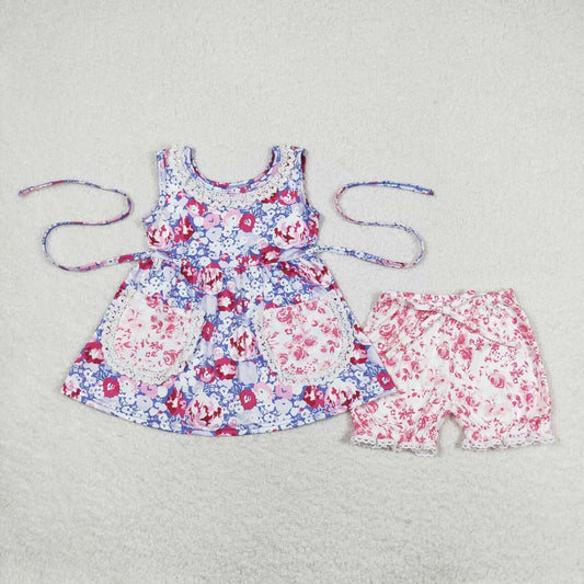 GSSO0856 Flower blue purple pocket sleeveless shorts set high quality girls clothing sets 6to 7 year