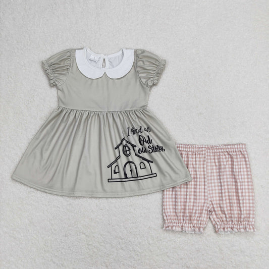 GSSO0858 Old Story Letter Doll Collar Gray Green Tunic Short Sleeve Plaid Shorts Girls Set RTS 202508