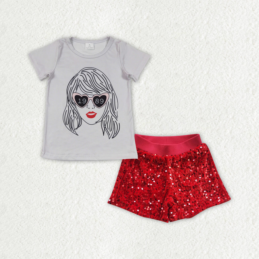 GSSO0861 2pcs Swift Singer Red Sequin Shorts Girls Short Sleeve Outfits RTS 202507