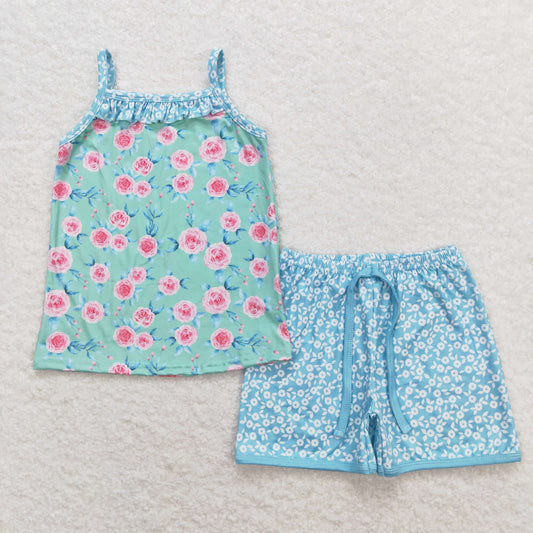 GSSO0863 Flower Blue Green Halter Shorts Girls Set RTS 202509