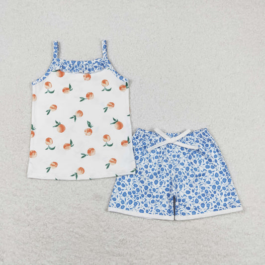 GSSO0864 Peach pink sleeveless blue floral shorts set high quality wholesale clothing sets for girls