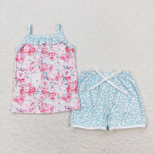 GSSO0869 Floral Ruffle Pink Blue Halter Shorts Girls  Set RTS 202508