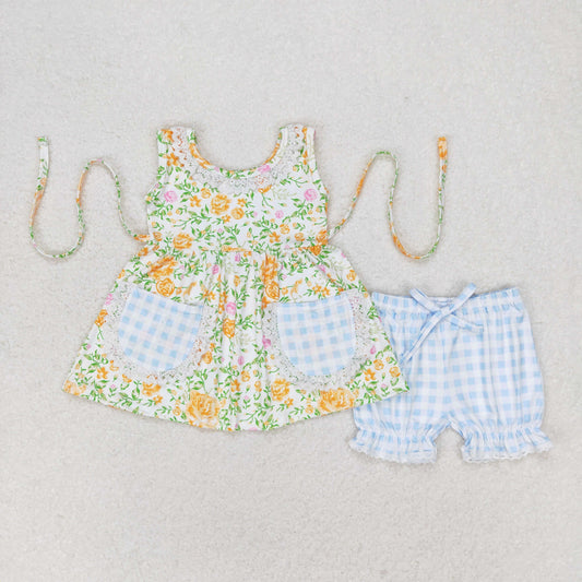 GSSO0871 Yellow flowers Green leaves pocket sleeveless plaid shorts set High quality girls casual clothing sets