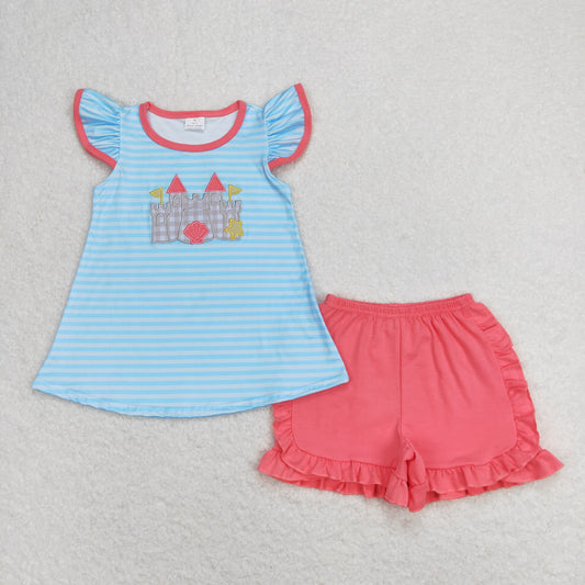 GSSO0875 Embroidered Shell Star Castle Striped Flying Sleeve Rose Red Shorts Girls Set RTS 202508