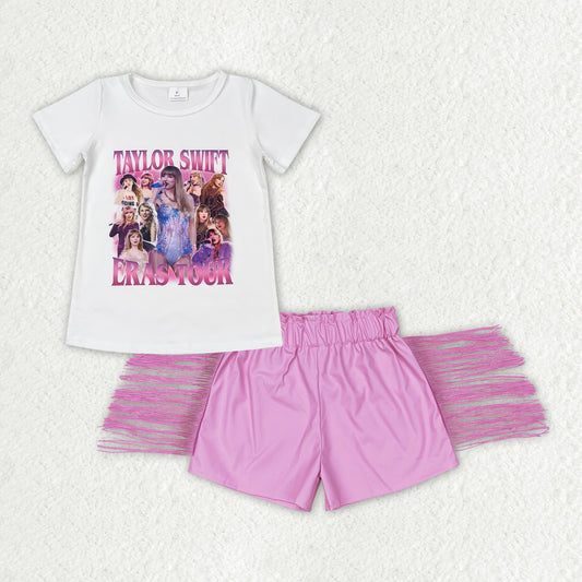 GSSO0877 taylor swift eras tour white short-sleeved pink fringe shorts suit